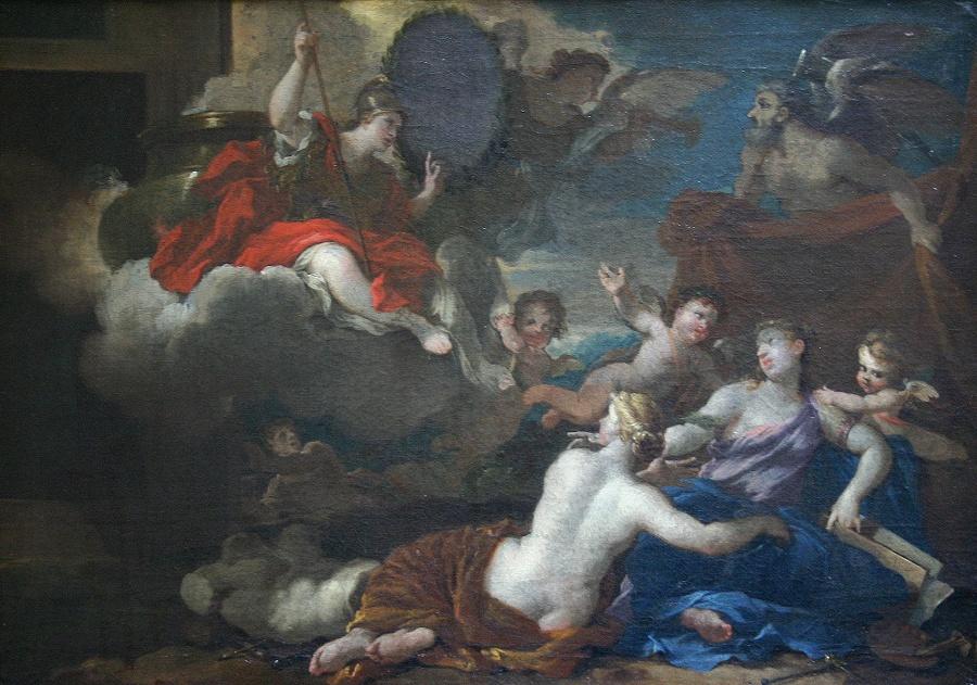 Minerve et les Arts. Allégorie de la fondation de l'Académie royale de Peinture et de Sculpture, dit aussi Progrès des Arts du Dessin en France sous le règne de Louis XIV, Nicolas Loir, 1666