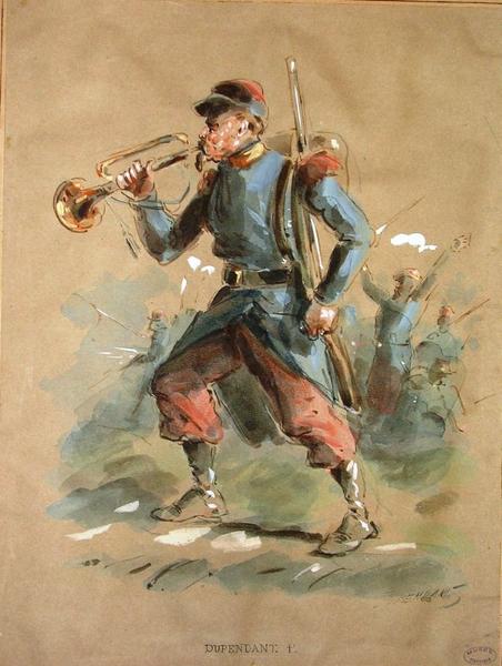 Un clairon qui sonne au devant des soldats qui combattent, Alexandre Dupendant, 19e siècle