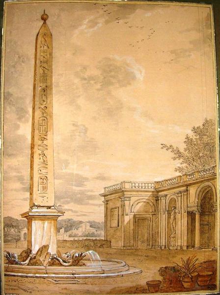 Etude d'architecture avec fontaine et obélisque, villa Médicis_0