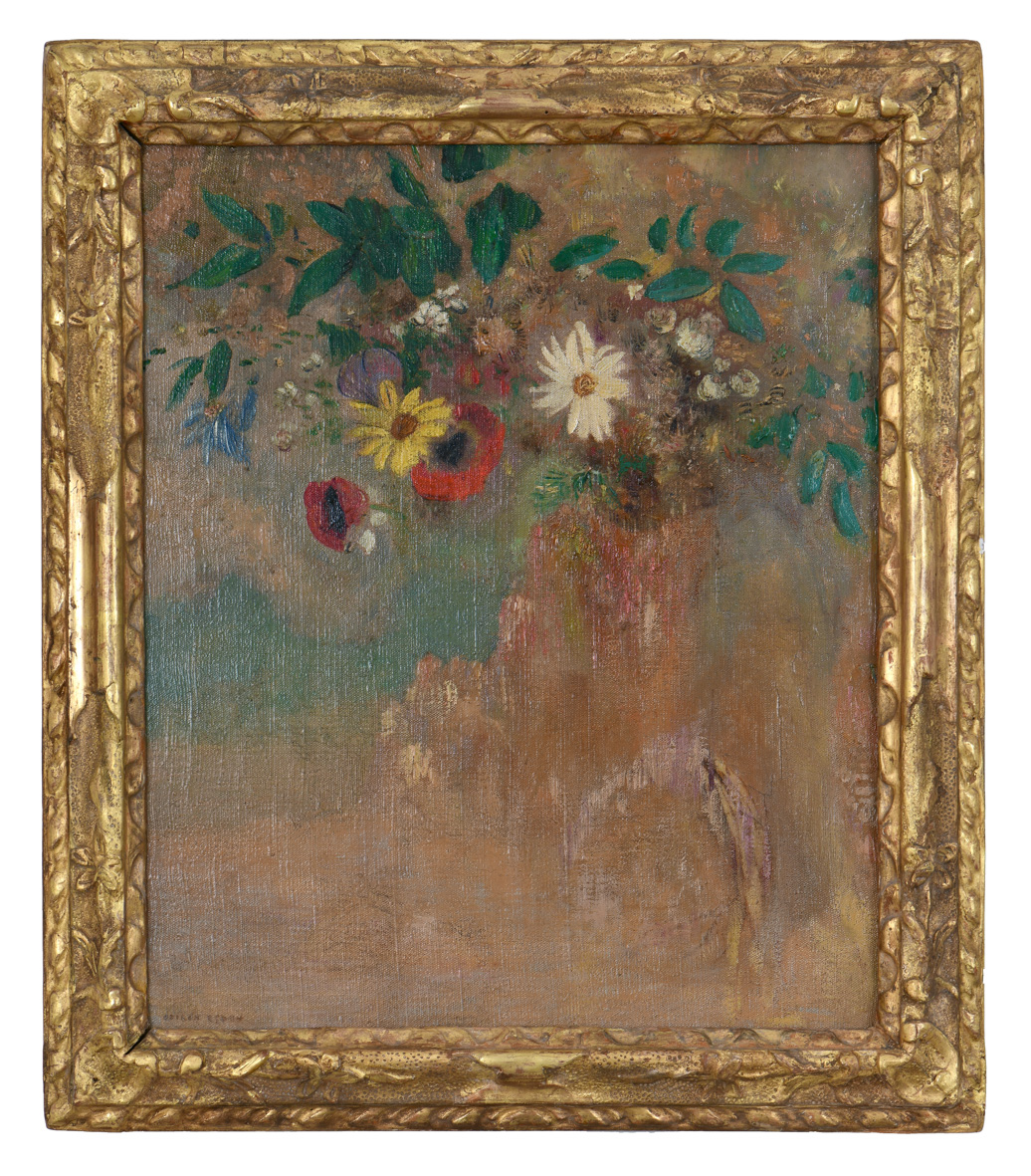 Fleurs dans un paysage de montagne avec visage — Odilon Redon