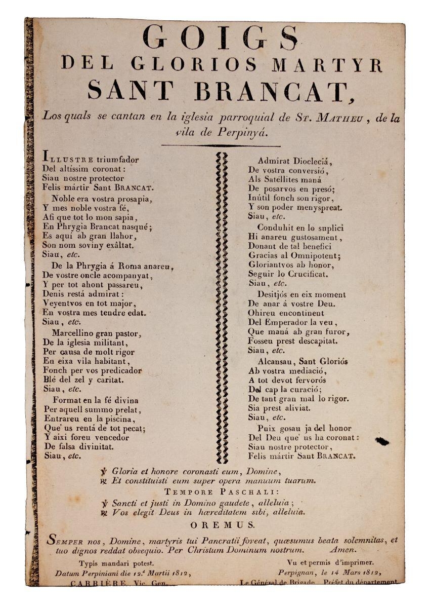 Goigs del glorios martyr Sant Brancat, los quals se cantan en la iglesia parroquial de St Matheu de la vila de Perpinyà_0
