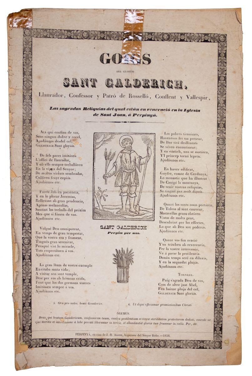 Goigs del glorios Sant Galderich llaurador, confessor y patro de Rossello, Conflent y Vallespir las sagrades reliquias del qual estan en veneracio en la iglesia de Sant Joan de Perpinyà, Jean Alzine, 1854