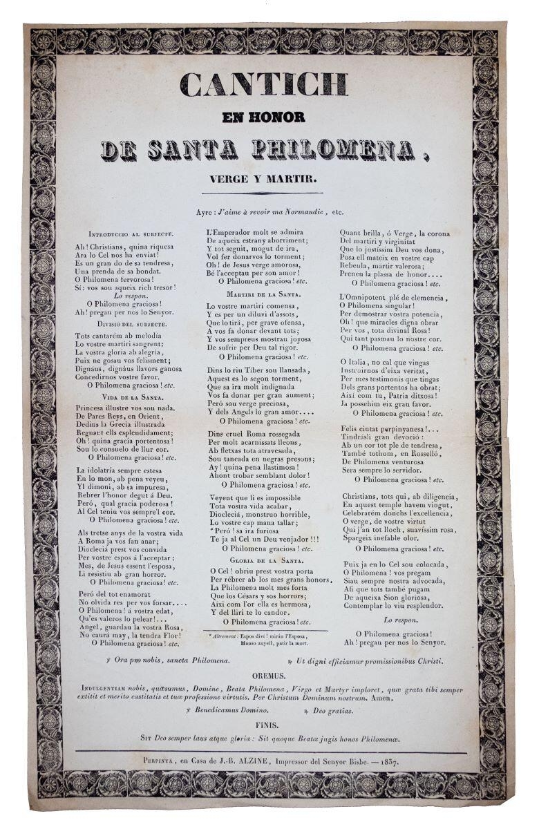 Cantich en honor de Santa Philomena verge y martir, Jean Alzine, 1837