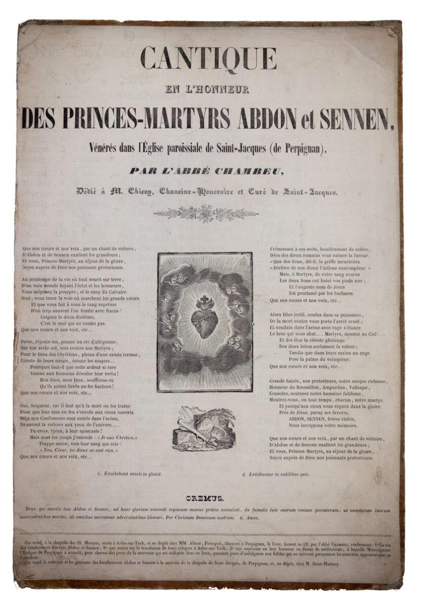 Cantique en l'honneur des princes martyrs Abdon et Sennen, vénérées dans l'Eglise paroissiale de Saint Jacques de Perpignan par l'abbé Chambeu, Jean Alzine, 1852