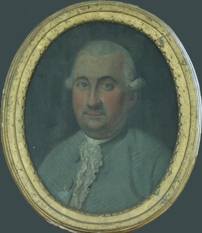 Gentilhomme, vêtement bleuté, jabot dentelle, perruque poudrée, cadre ovale (titre de l'inventaire)_0