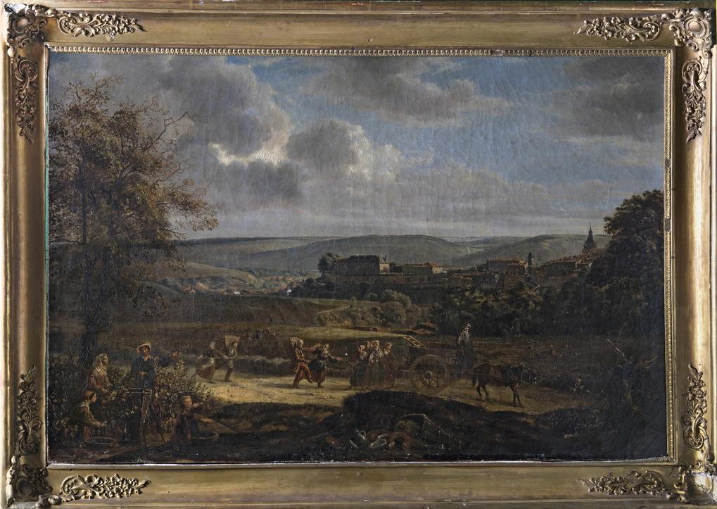 Les Vendanges à Bar (titre de l'inventaire) ; Vue de la Ville-Haute de Bar-le-Duc (autre titre) ; La Vendange, vue de la ville haute de Bar-le-Duc, six heures du matin (autre titre), Charles-Louis Malapeau, 1840 achevé en