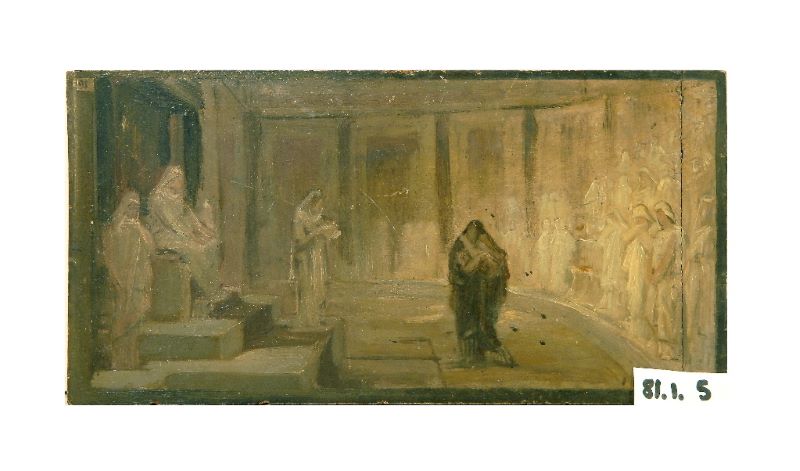 Aurélia et Pompomia, vestales comdamnées à mort sous le règne de Caracalla, lecture du jugement, Louis-Hector Leroux, 1860 après