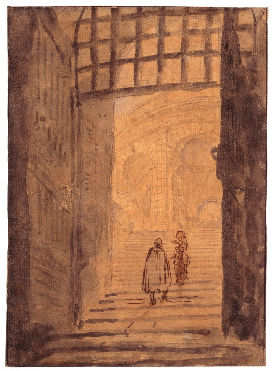 Sous une porte, un escalier montant vers un édifice circulaire_0