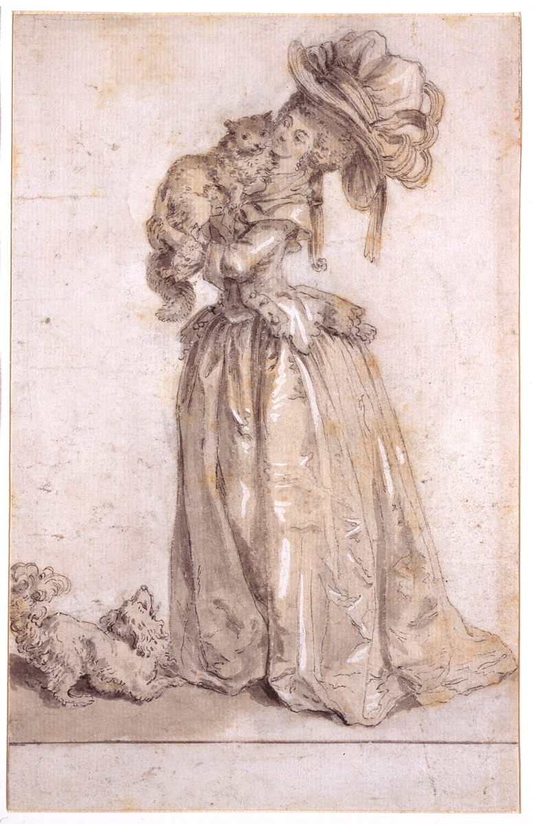 Jeune femme avec un chien et un chat, Claude-Louis Desrais, 4e quart 18e siècle
