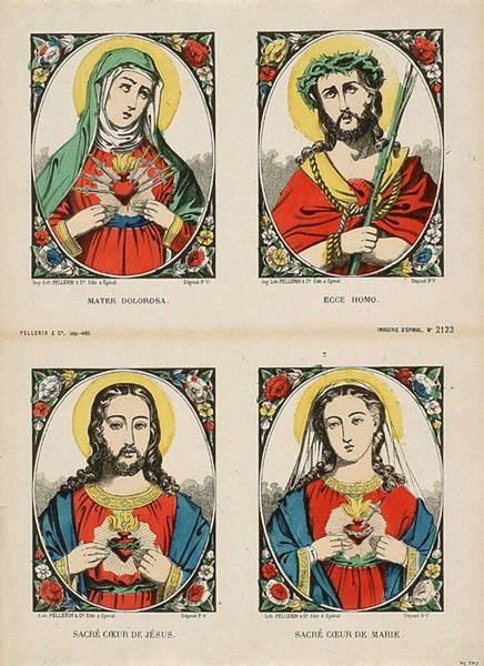 MATER DOLOROSA. / ECCE HOMO. / SACRE COEUR DE JESUS. / SACRE COEUR DE MARIE. (titre inscrit), Olivier-Pinot, 3e quart 19e siècle