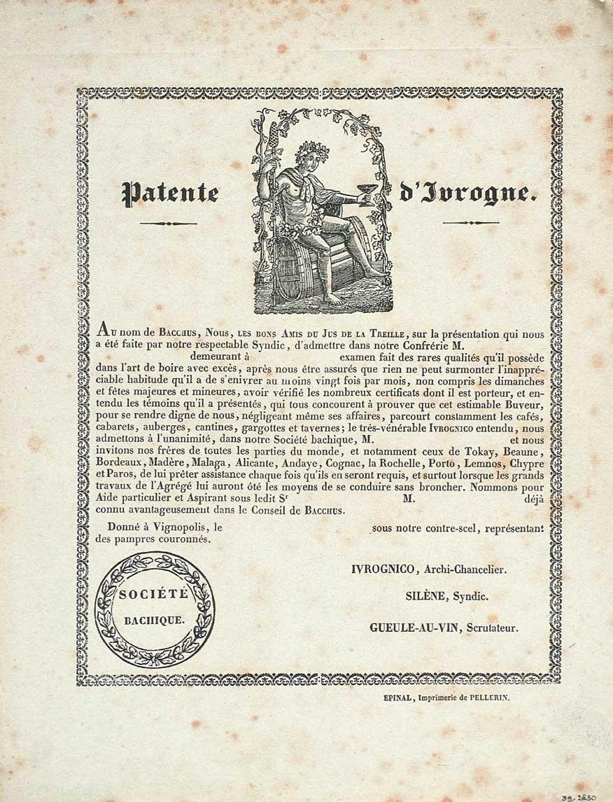 Patente d'Ivrogne. (titre inscrit), Pellerin, 1840 vers