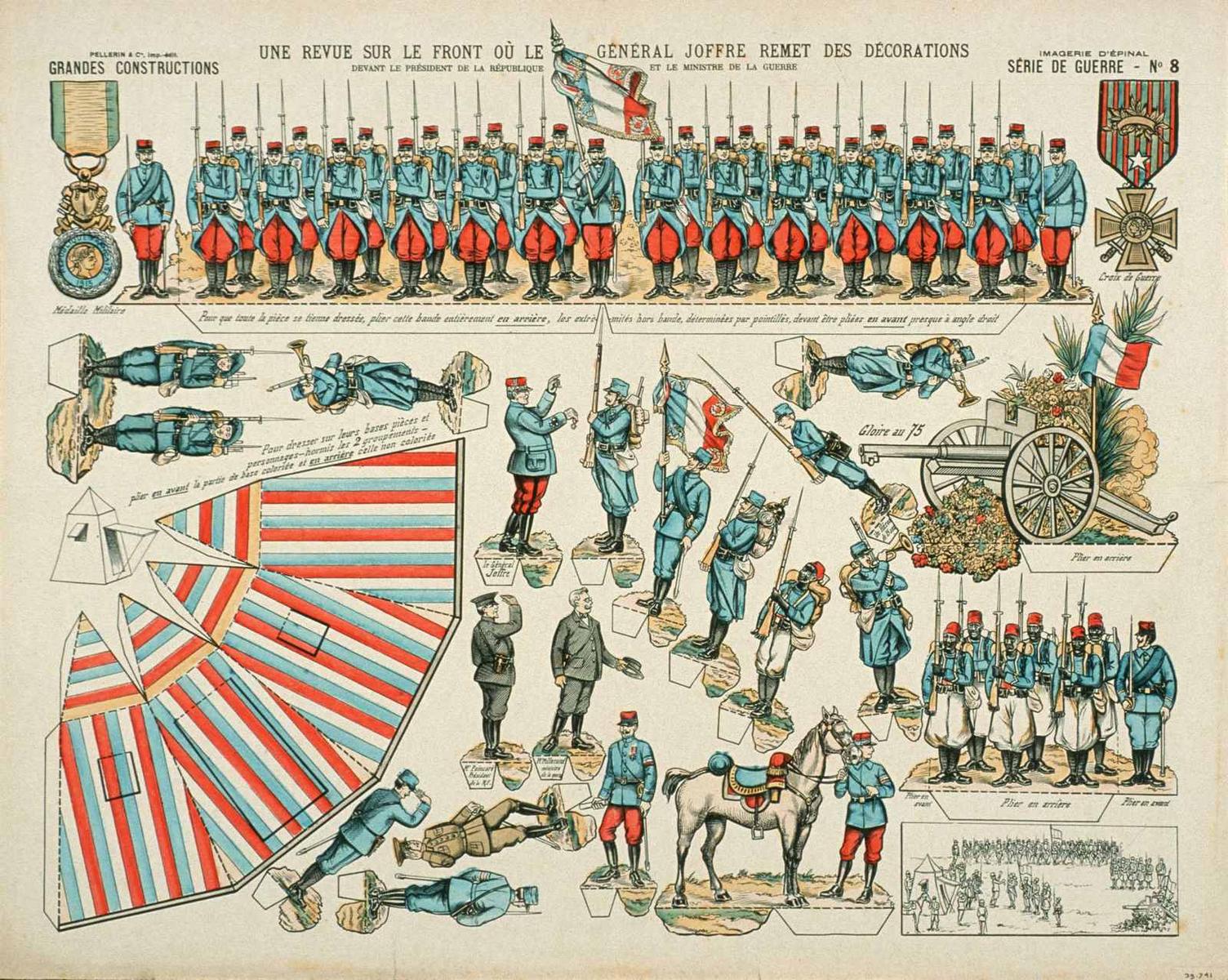 UNE REVUE SUR LE FRONT OÙ LE GÉNÉRAL JOFFRE REMET DES DÉCORATIONS / DEVANT LE PRÉSIDENT DE LA RÉPUBLIQUE ET LE MINISTRE DE LA GUERRE (titre inscrit), Louis Georges Albert Morinet, 1915