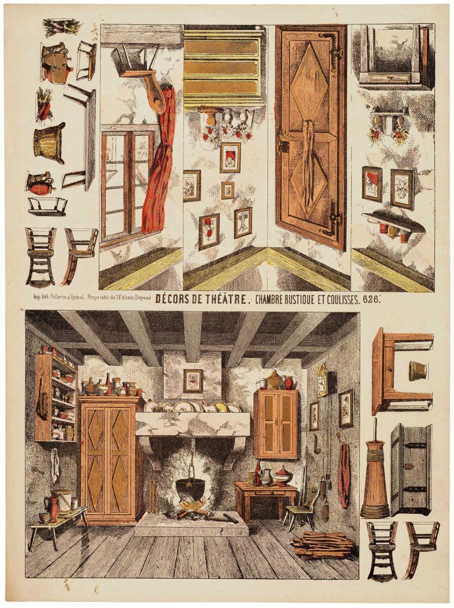 DÉCORS DE THÉÅTRE. CHAMBRE RUSTIQUE ET COULISSES. 626. (titre inscrit)_0