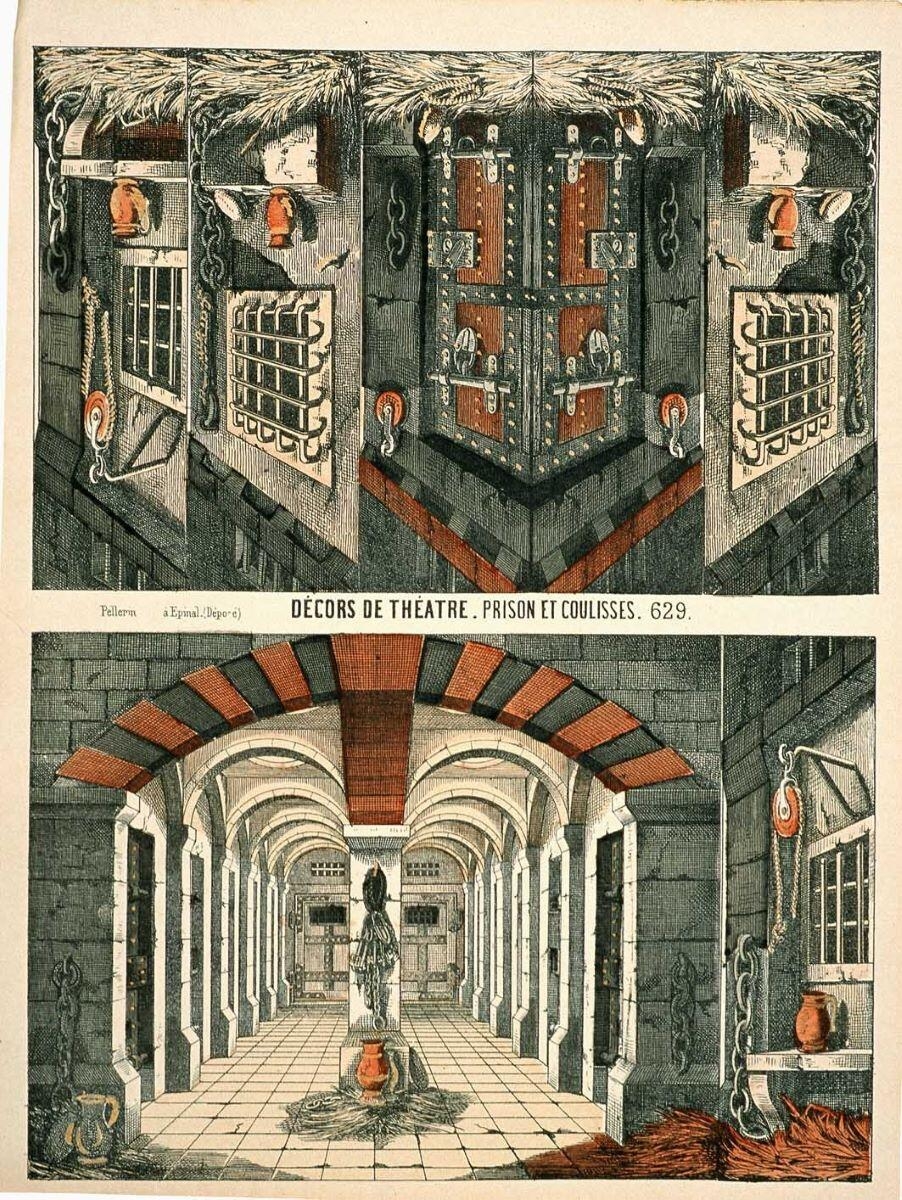 DECORS DE THEATRE. PRISON ET COULISSES. 629. (titre inscrit), Pellerin, 1864 après