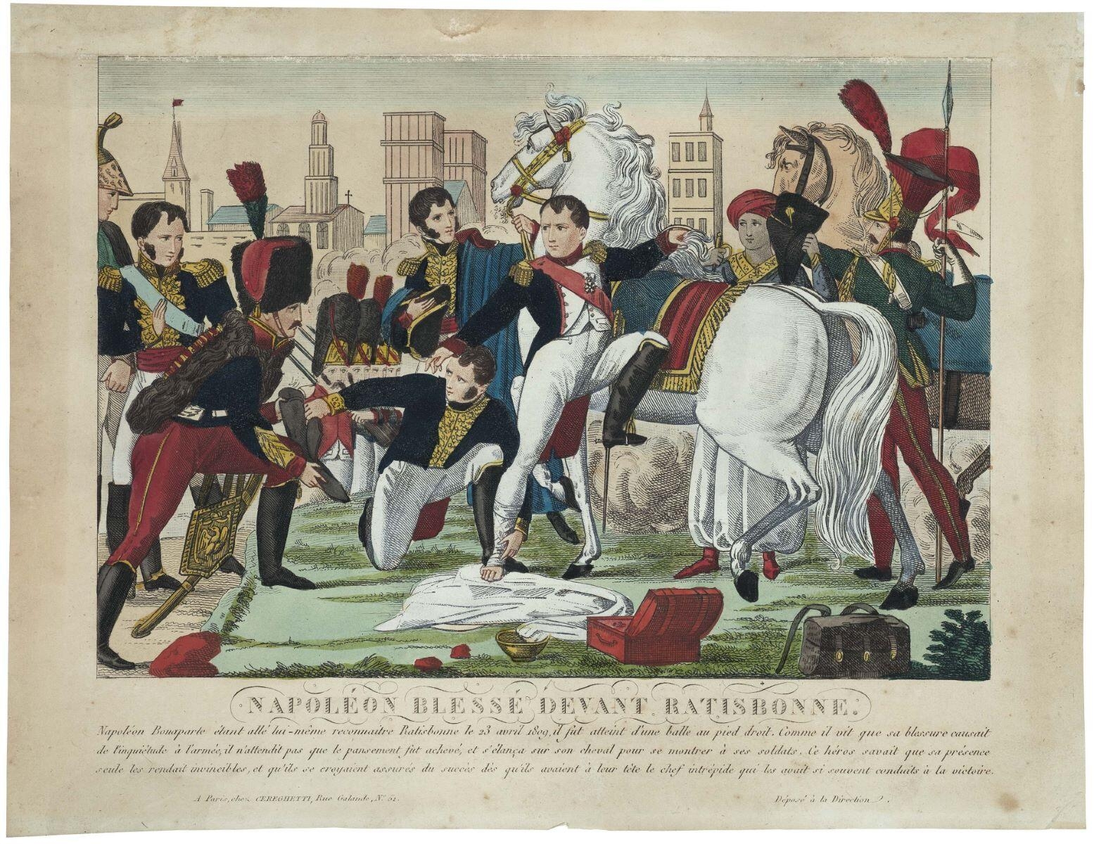 NAPOLÉON BLESSÉ DEVANT RATISBONNE. (titre inscrit), Claude Gautherot, 1828 dépôt légal