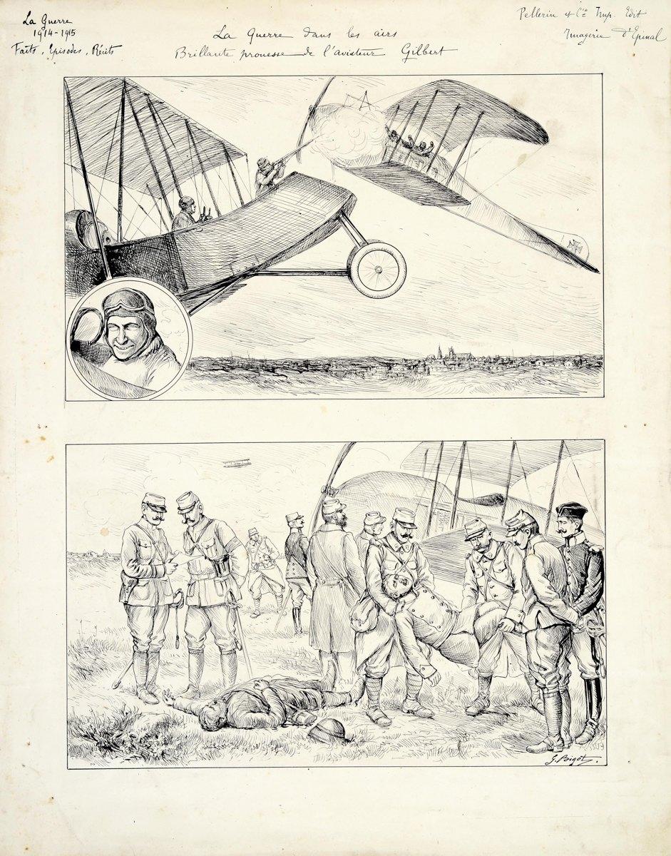 La Guerre dans les airs / Brillante prouesse de l'aviateur Gilbert (titre inscrit), Georges-Ferdinand Bigot, 1915 vers