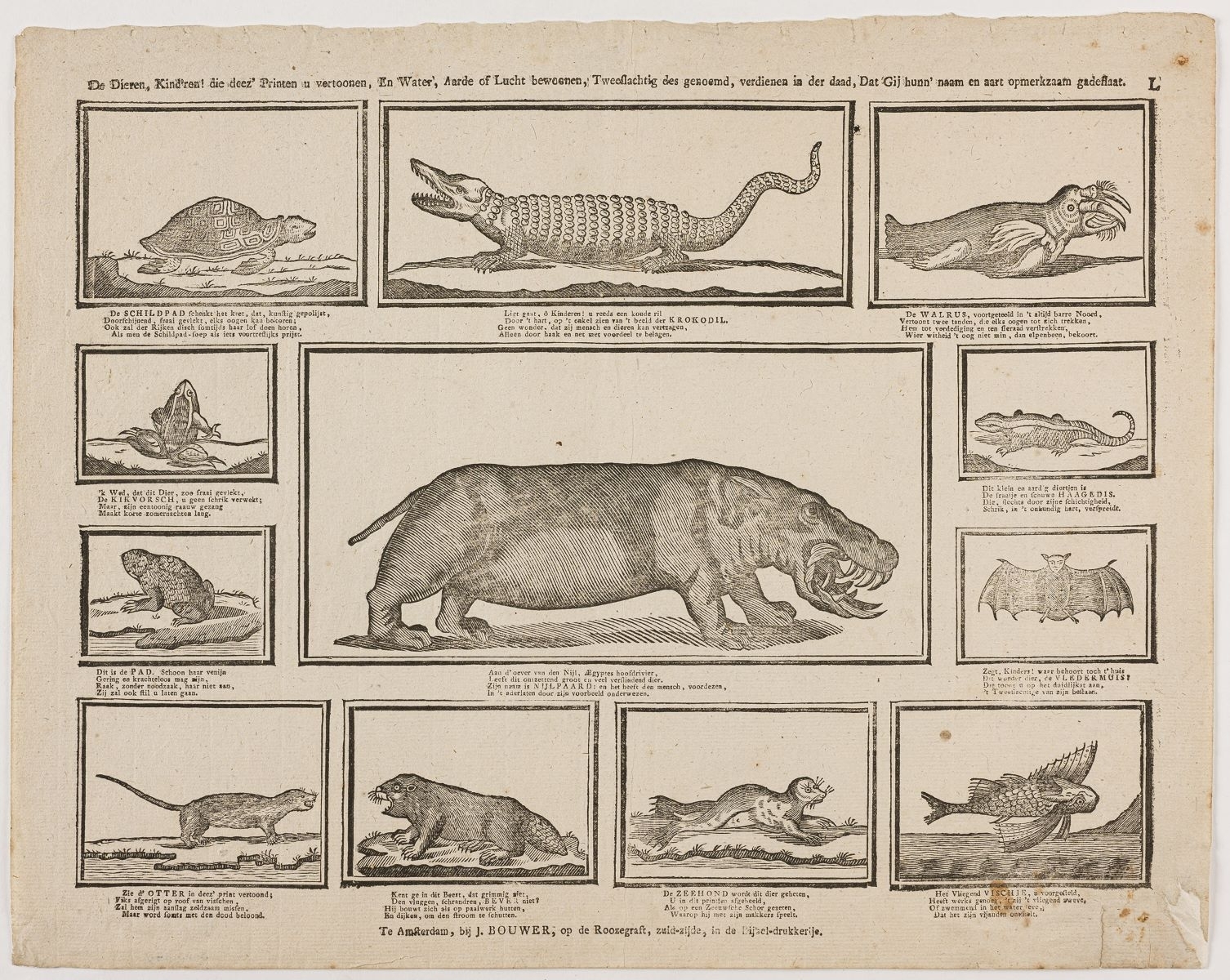 De Dieren, Kind'ren ! die deez' Printen u vertoonen, En Water, Aarde of Lucht bewoenen, Tweeflachtig des genoemd, verdienen in der daad, Dat Gij hunn' naam en aart opmerkzaam gadeflaat. L (titre inscrit néerl.) ; planche d’animaux (titre factice), Johannes Bouwer, 1er quart 19e siècle
