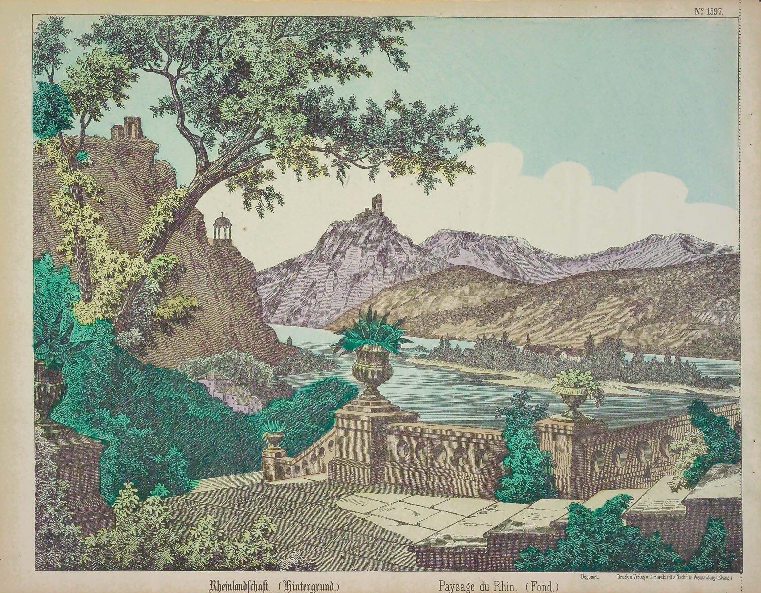 Paysage du Rhin. (Fond.) N° 1597. (titre inscrit, fr., all.), Charles successeurs Burckardt, 1888-1906