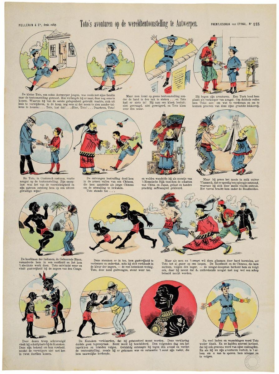 Toto’s aventuren op de wereldtentoonstelling te Antwerpen. (titre inscrit, néerl.) ; LES MÉTAMORPHOSES DE TOTO / à l'Exposition d'Anvers (titre factice), Henry Hennault, 1896 vers