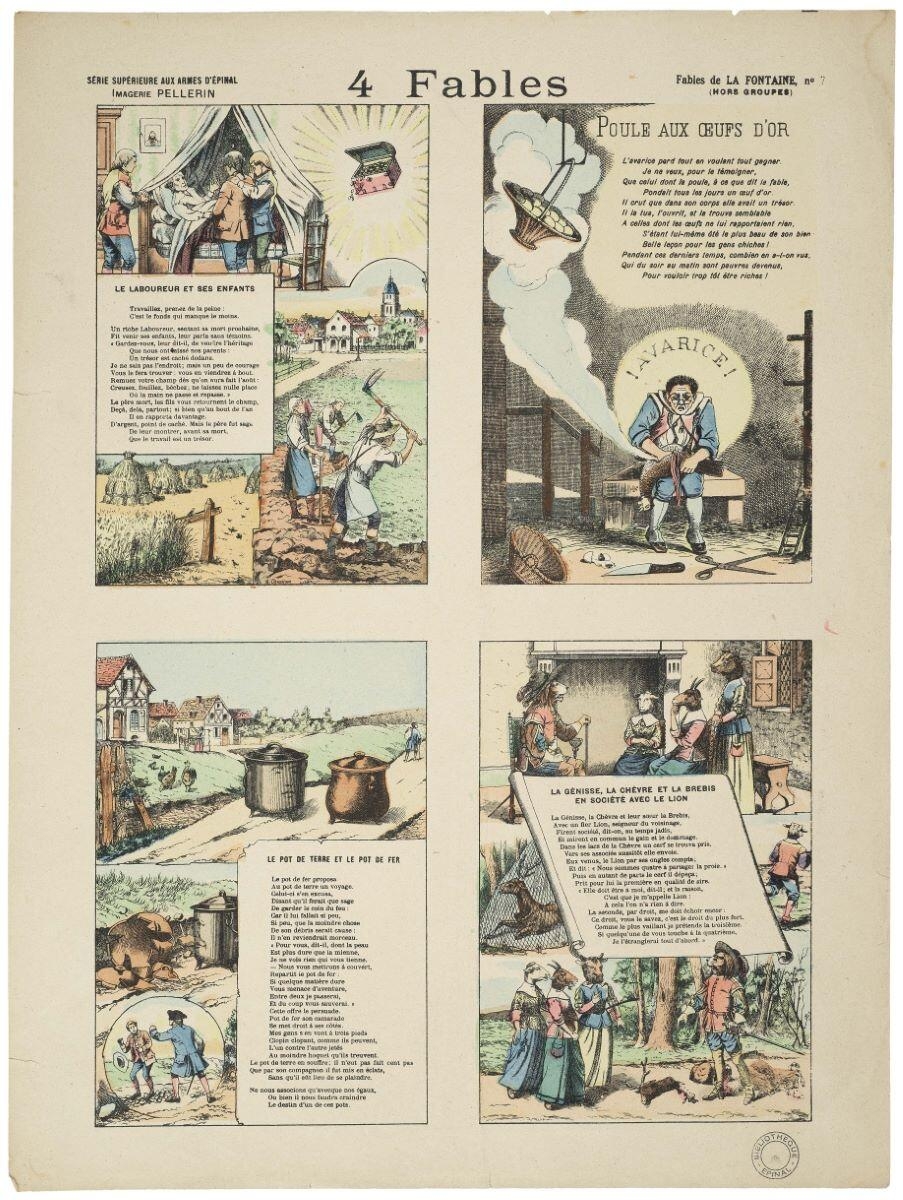 4 FABLES / LE LABOUREUR ET SES ENFANTS / POULE AUX OEUFS D’OR / LE POT DE TERRE ET LE POT DE FER / LA GENISSE, LA CHEVRE ET LA BREBIS EN SOCIETE AVEC LE LION (titre inscrit), Alfred Chauffour, 1895 dépôt légal