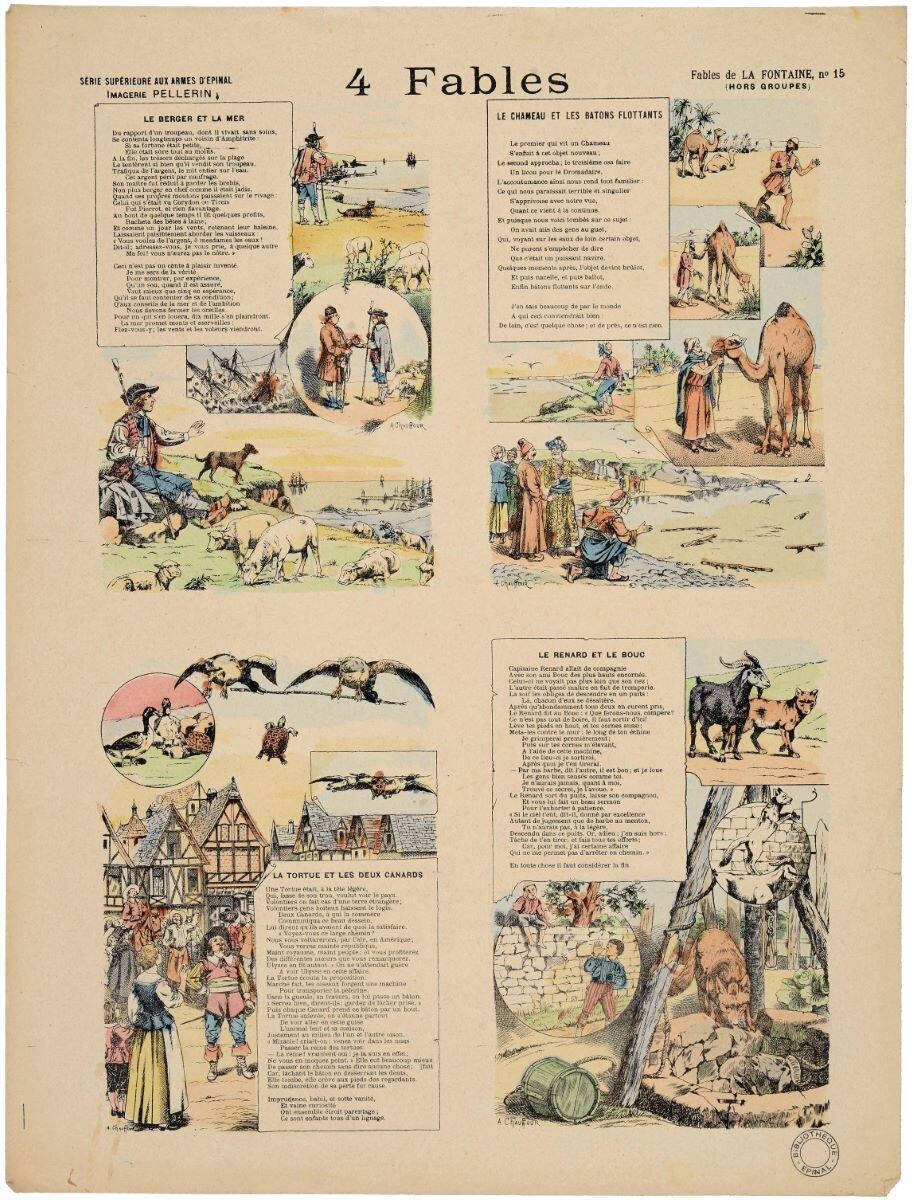 4 Fables / LE BERGER ET LA MER / LE CHAMEAU ET LES BATONS FLOTTANTS / LA TORTUE ET LES DEUX CANARDS / LE RENARD ET LE BOUC  (titre inscrit), Alfred Chauffour, 1895 dépôt légal