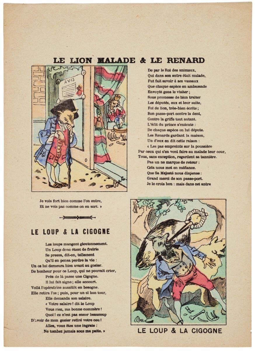 LE LION MALADE & LE RENARD / LE LOUP & LA CIGOGNE (titre inscrit), Ferdinand Bac, 1er quart 20e siècle