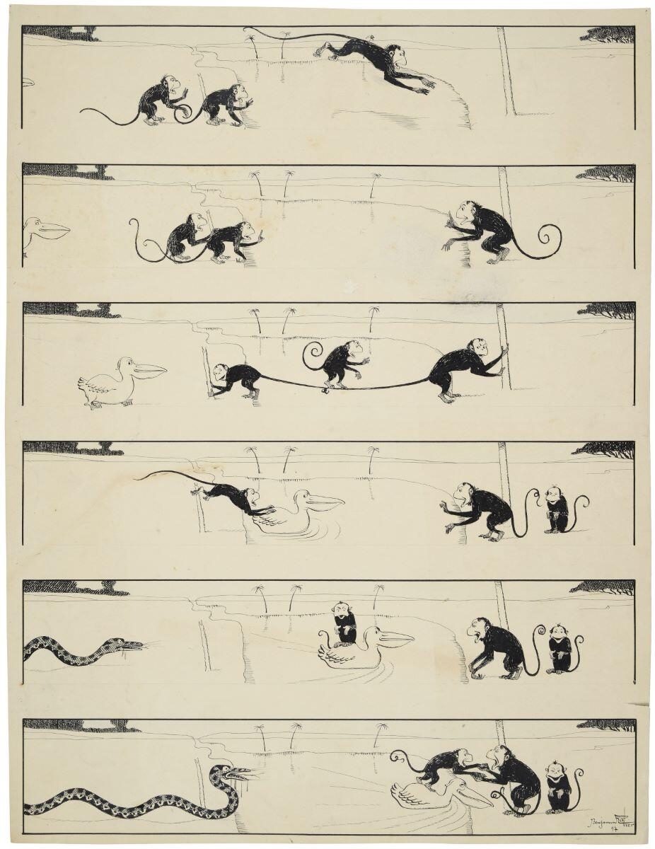 Les singes et les Pélicans poursuivis par le Serpent enragé (titre factice), Benjamin Rabier, 1897 de