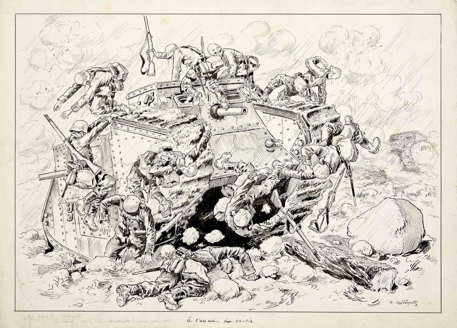 à l'assaut d'un tank (titre inscrit) ; Batailles de Cambrésis / OCTOBRE-NOVEMBRE 1917. A L'ASSAUT D'UN TANK (titre factice), Paul Adolphe Kauffmann, 1917 vers