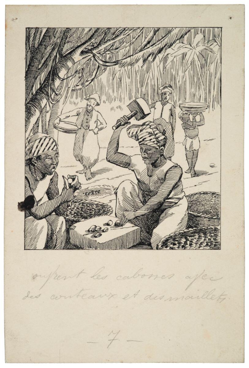 Ouvrent les cabosses avec des couteaux et des maillets 7 (titre inscrit) ; le chocolat, quatrième vignette de la deuxième ligne (titre factice)_0