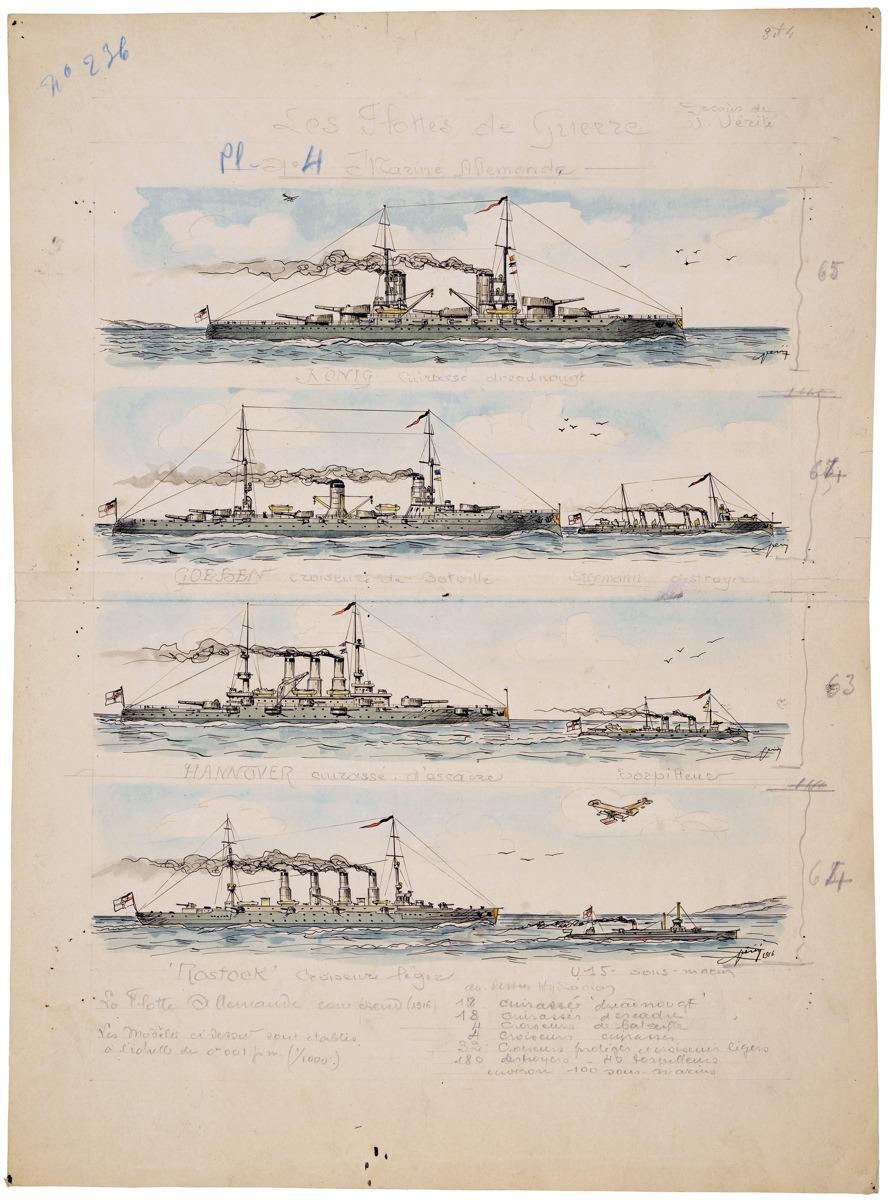 Les Flottes de Guerre. Pl. n°4 = Marine Allemande N° 236 (titre inscrit) ; LES FLOTTES DE GUERRE / PLANCHE N°4 - MARINE ALLEMANDE (titre factice), Victor Vérité, 1916 vers