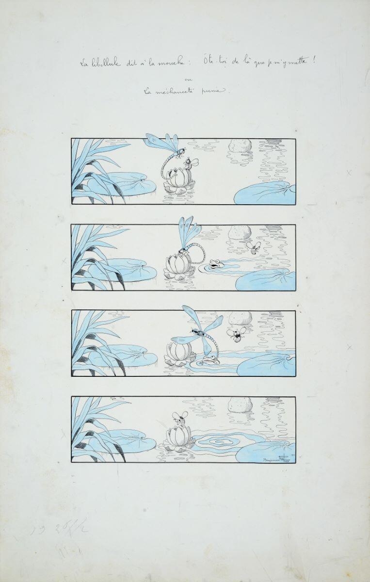 La libellule dit à la mouche : Ote-toi de là que je m'y mette ! / ou / La méchanceté punie. (titre inscrit), Benjamin Rabier, 1901 de