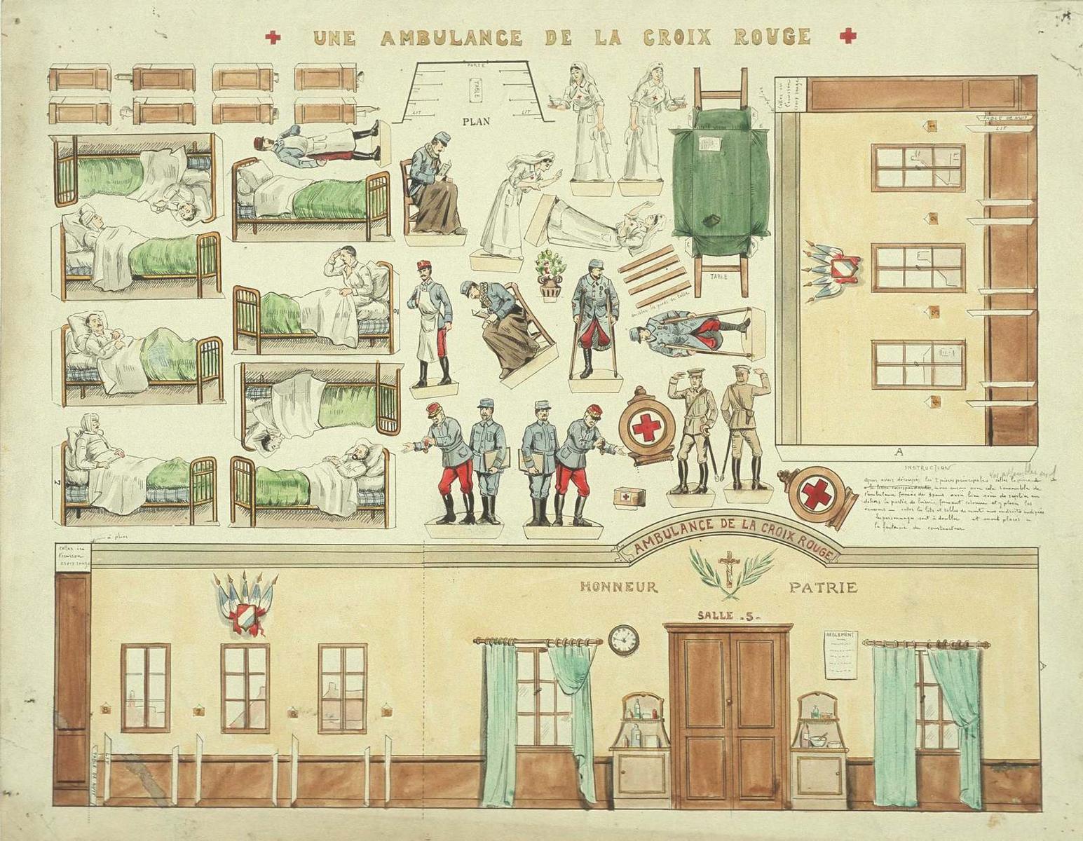 UNE AMBULANCE DE LA CROIX ROUGE (titre inscrit) ; UNE SALLE D'AMBULANCE / DE LA CROIX-ROUGE (titre factice), Louis Georges Albert Morinet, 1915 vers