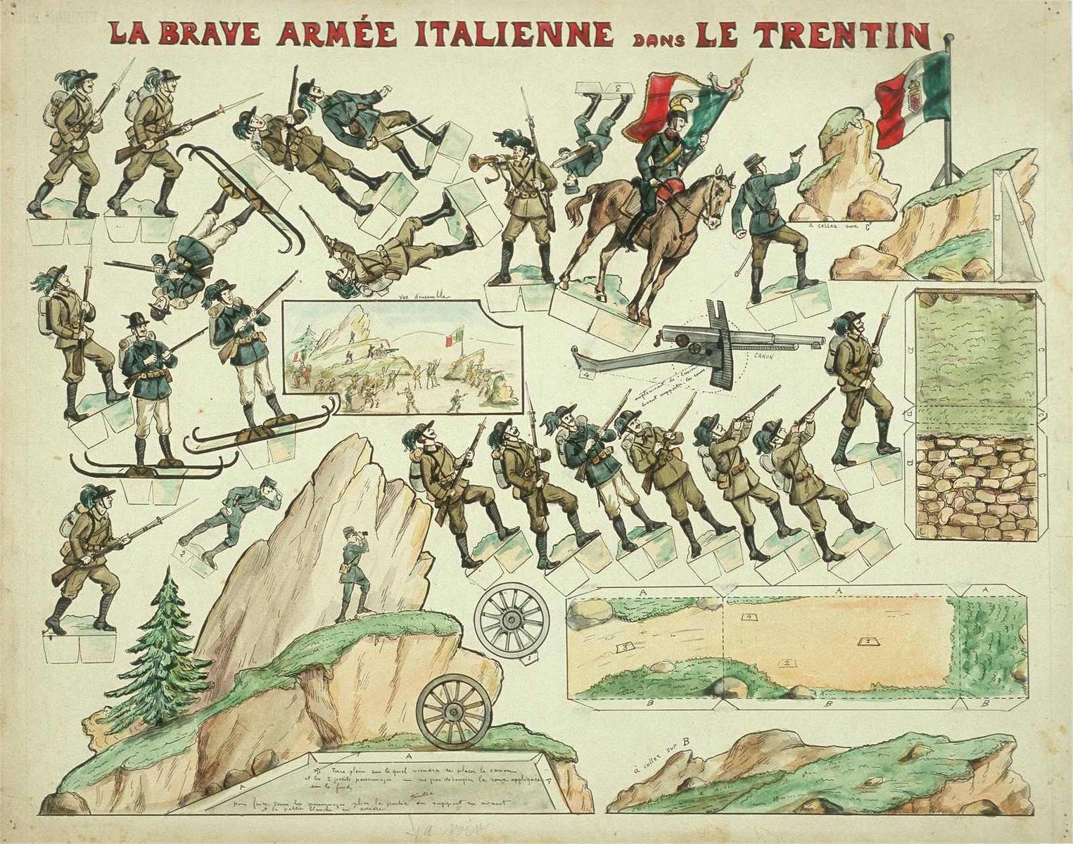 LA BRAVE ARMÉE ITALIENNE DANS LE TRENTIN (titre inscrit) ; ITALIENS BERSAGLIERS / ET CHASSEURS ALPINS COMBATTANT DANS LE TRENTIN (titre factice), Louis Georges Albert Morinet, 1915 vers
