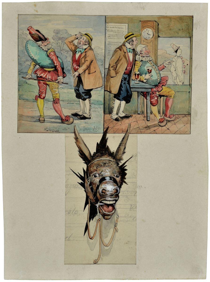 Polichinelle accuse Pierrot du vol de l'âne (titre inscrit), Adolphe Ernest Gumery, 4e quart 19e siècle, 1er quart 20e siècle