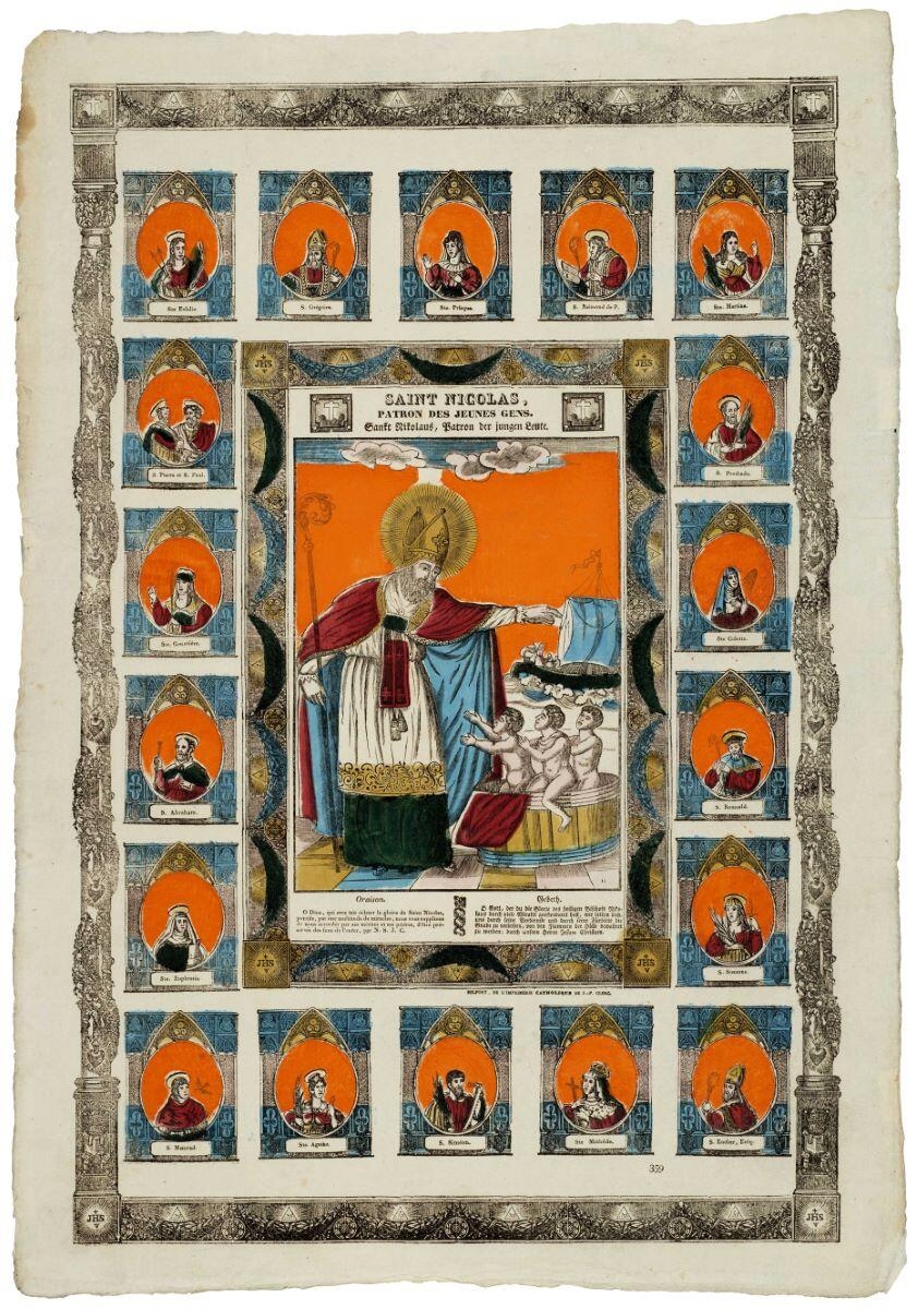 SAINT NICOLAS, / PATRON DES JEUNES GENS. (titre inscrit, fr., all., gothique)_0