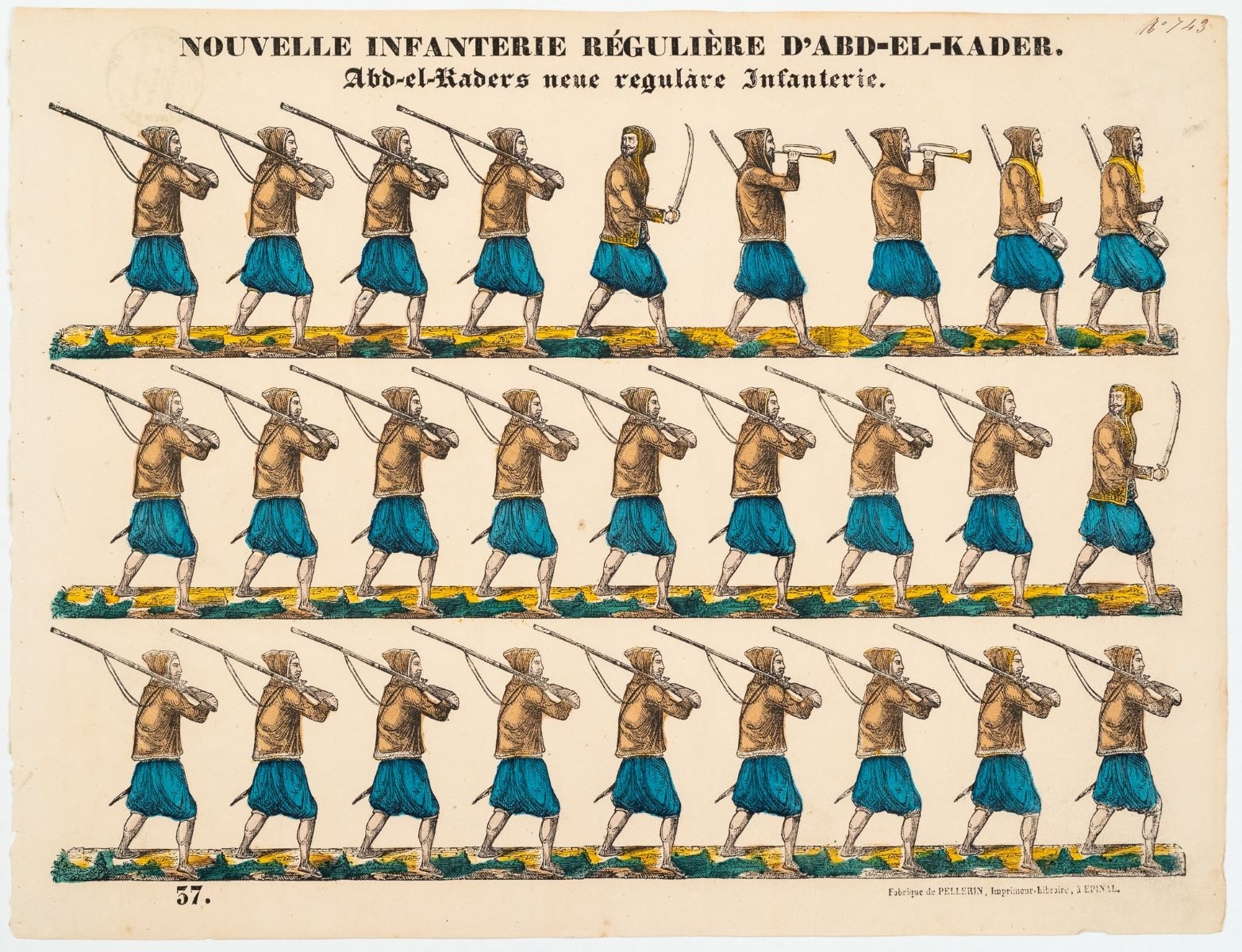 NOUVELLE INFANTERIE RÉGULIÈRE D'ABD-EL-KADER. (titre inscrit, fr., all.), Pellerin, 1846 dépôt légal