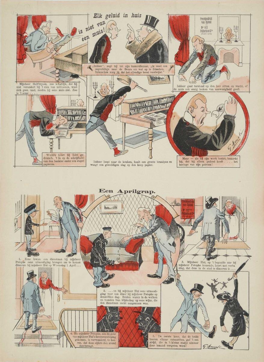 Elk geluid in huis / is niet van / een muis ! / Een Aprilgrap. (titre inscrit, néerl.) ; Tout ce qui bruit n'est pas souris / Poisson d'avril (titre traduit), G. Angeli., 1893-1931