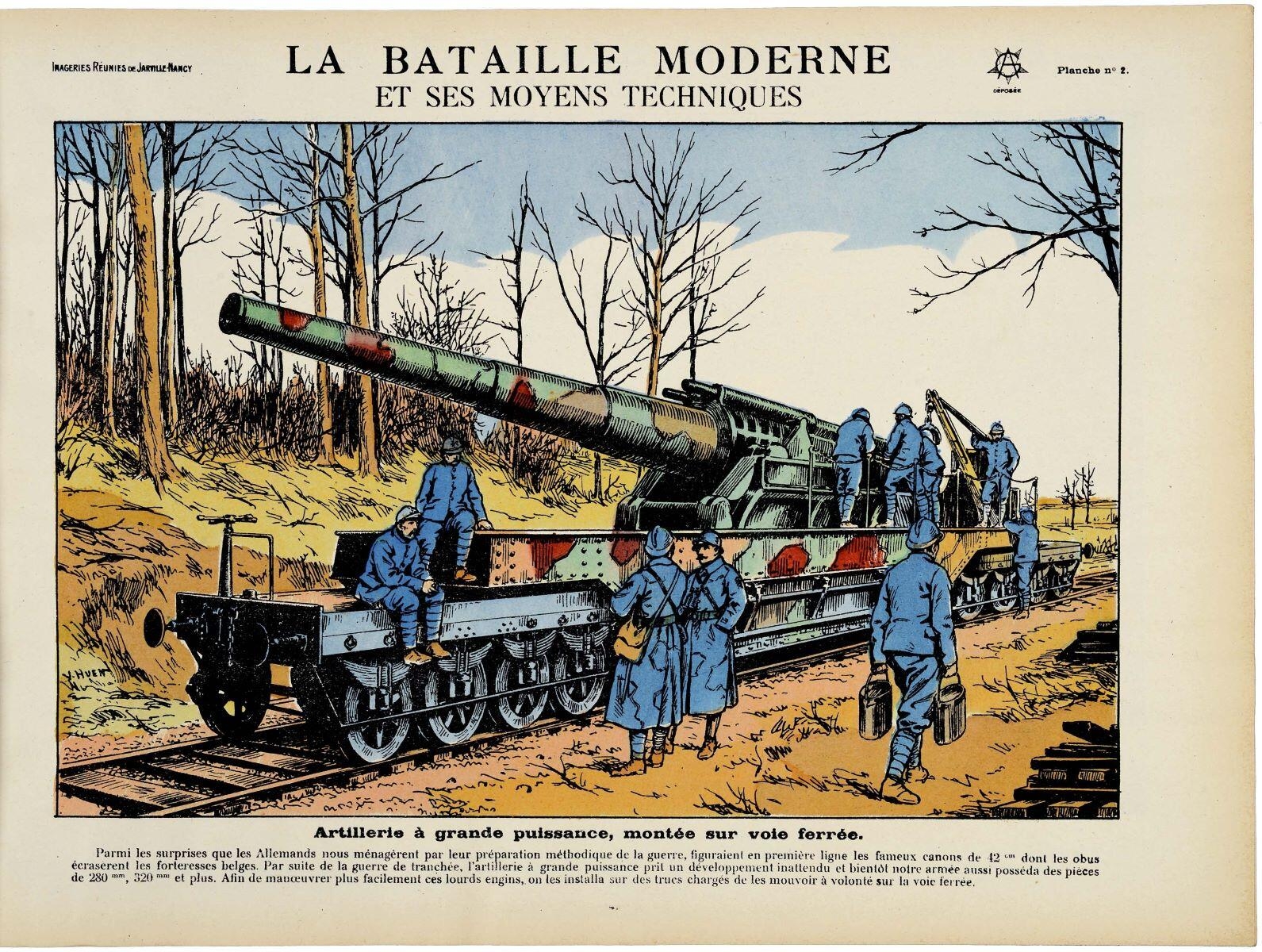 LA BATAILLE MODERNE / ET SES MOYENS TECHNIQUES / Artillerie à grande puissance, montée sur voie ferrée. (titre inscrit), Victor Huen, 1919 vers