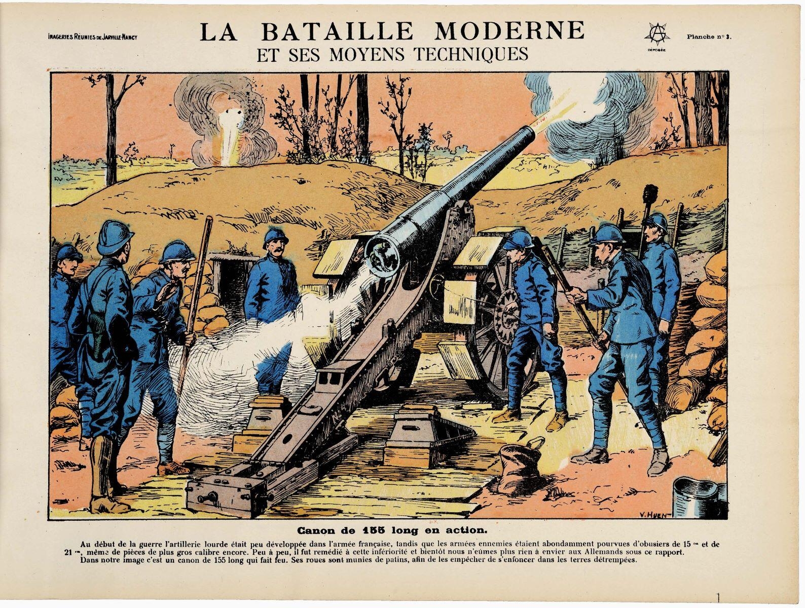 LA BATAILLE MODERNE / ET SES MOYENS TECHNIQUES / Canon de 155 long en action. (titre inscrit), Victor Huen, 1919 vers