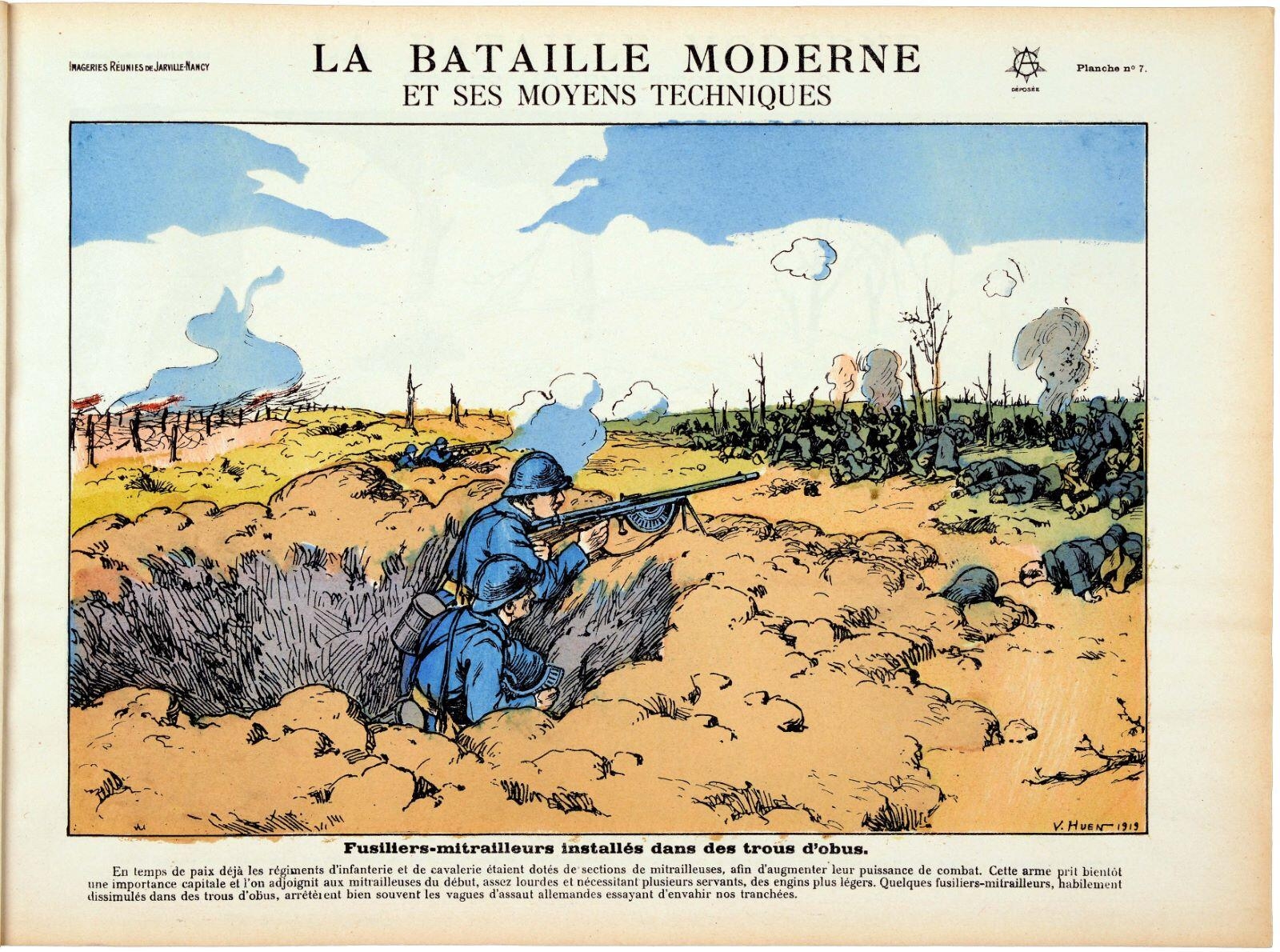 LA BATAILLE MODERNE / ET SES MOYENS TECHNIQUES / Fusiliers-mitrailleurs installés dans des trous d'obus. (titre inscrit), Victor Huen, 1919 vers