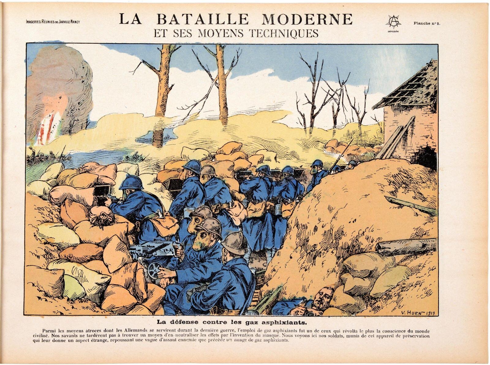 LA BATAILLE MODERNE / ET SES MOYENS TECHNIQUES / La défense contre les gaz asphixiants. (titre inscrit), Victor Huen, 1919 vers