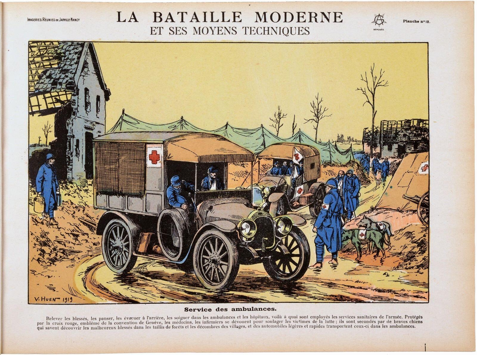 LA BATAILLE MODERNE / ET SES MOYENS TECHNIQUES / Service des ambulances. (titre inscrit), Victor Huen, 1919 vers