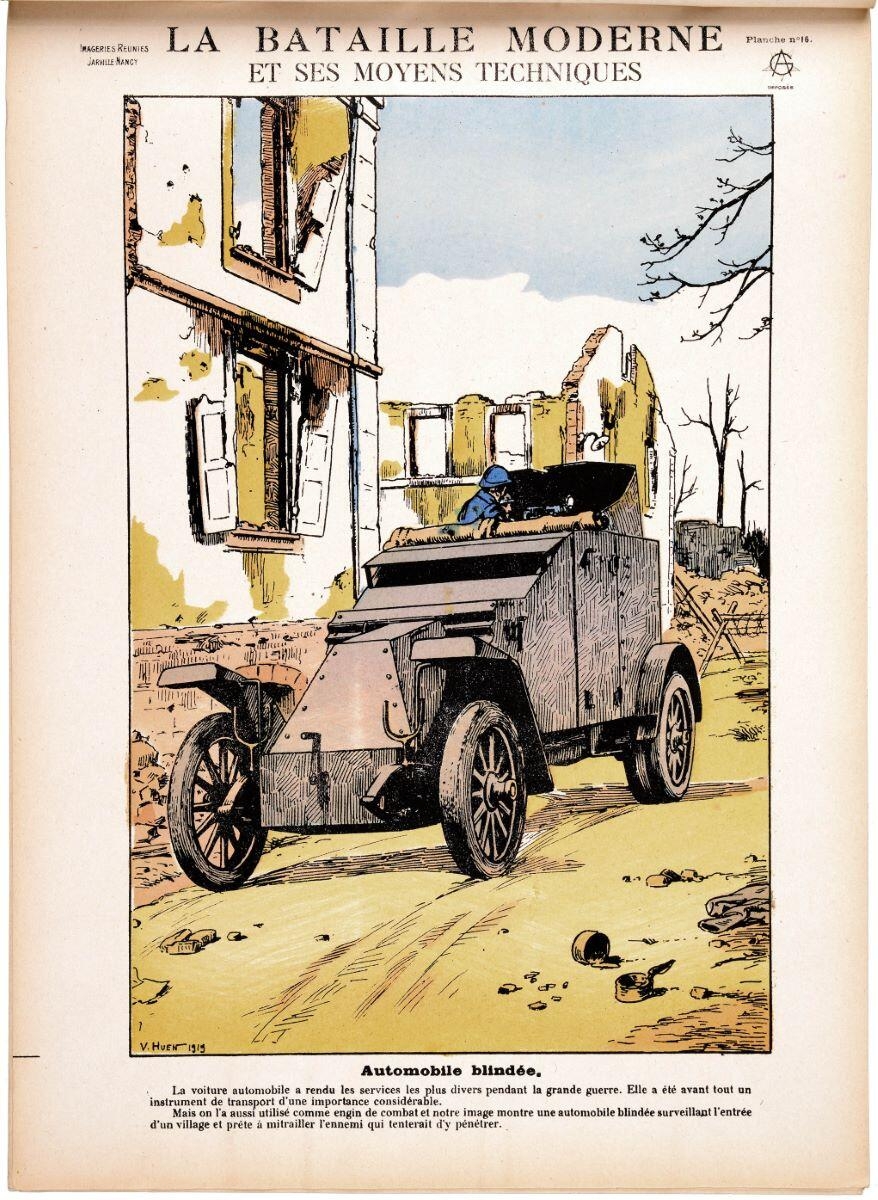 LA BATAILLE MODERNE / ET SES MOYENS TECHNIQUES / Automobile blindée. (titre inscrit), Victor Huen, 1919 vers
