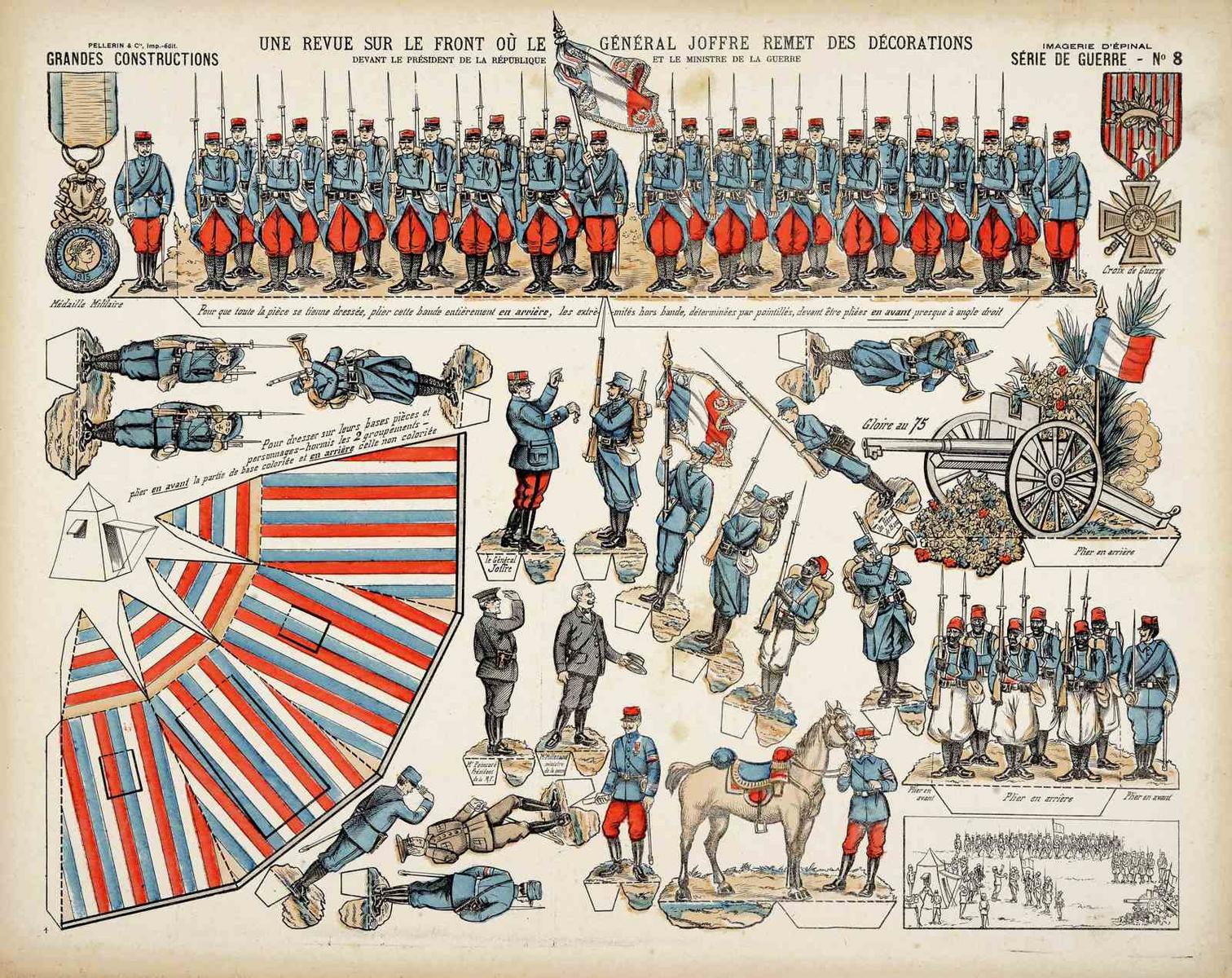 UNE REVUE SUR LE FRONT OÙ LE GÉNÉRAL JOFFRE REMET DES DÉCORATIONS / DEVANT LE PRÉSIDENT DE LA RÉPUBLIQUE ET LE MINISTRE DE LA GUERRE (titre inscrit), Louis Georges Albert Morinet, 1915