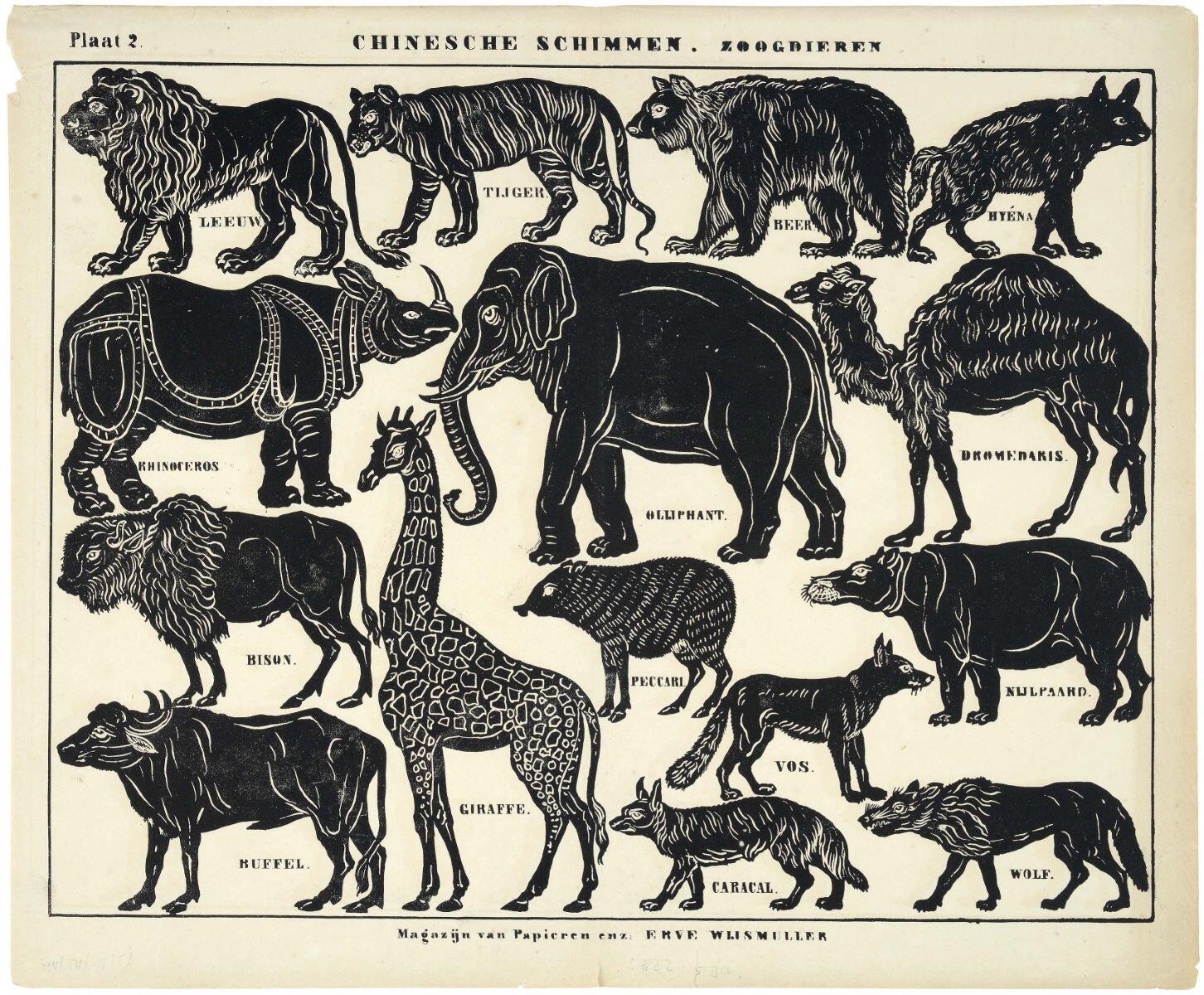 Plaat 2. CHINESCHE SCHIMMEN. ZOOGDIEREN (titre inscrit, néerl.) ; Planche 2 ombres chinoises : les mammifères (titre traduit)_0