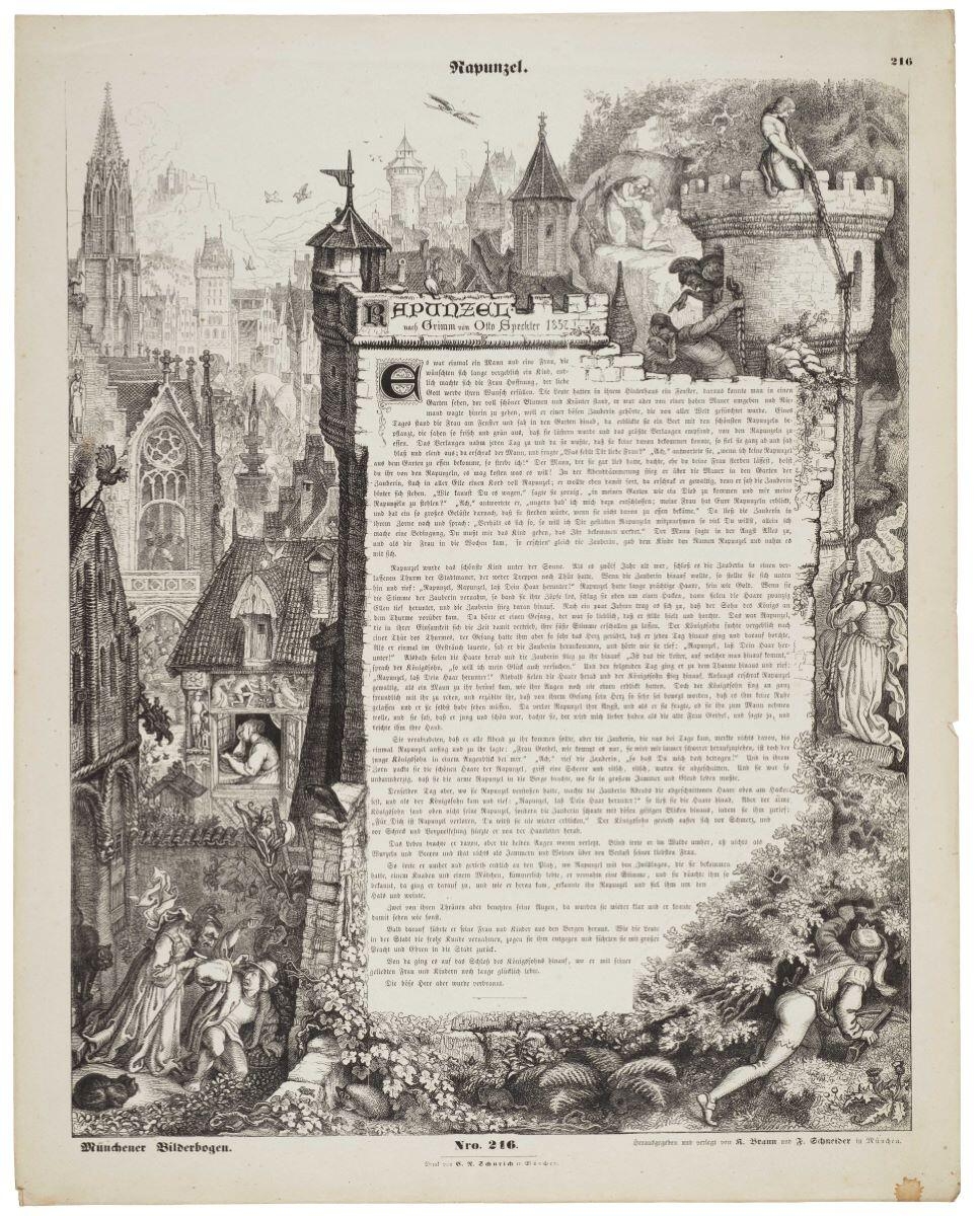 Rapunzel. 216 (titre inscrit, all.) ; Raiponce (titre traduit), Otto Speckter, 1857 édité en