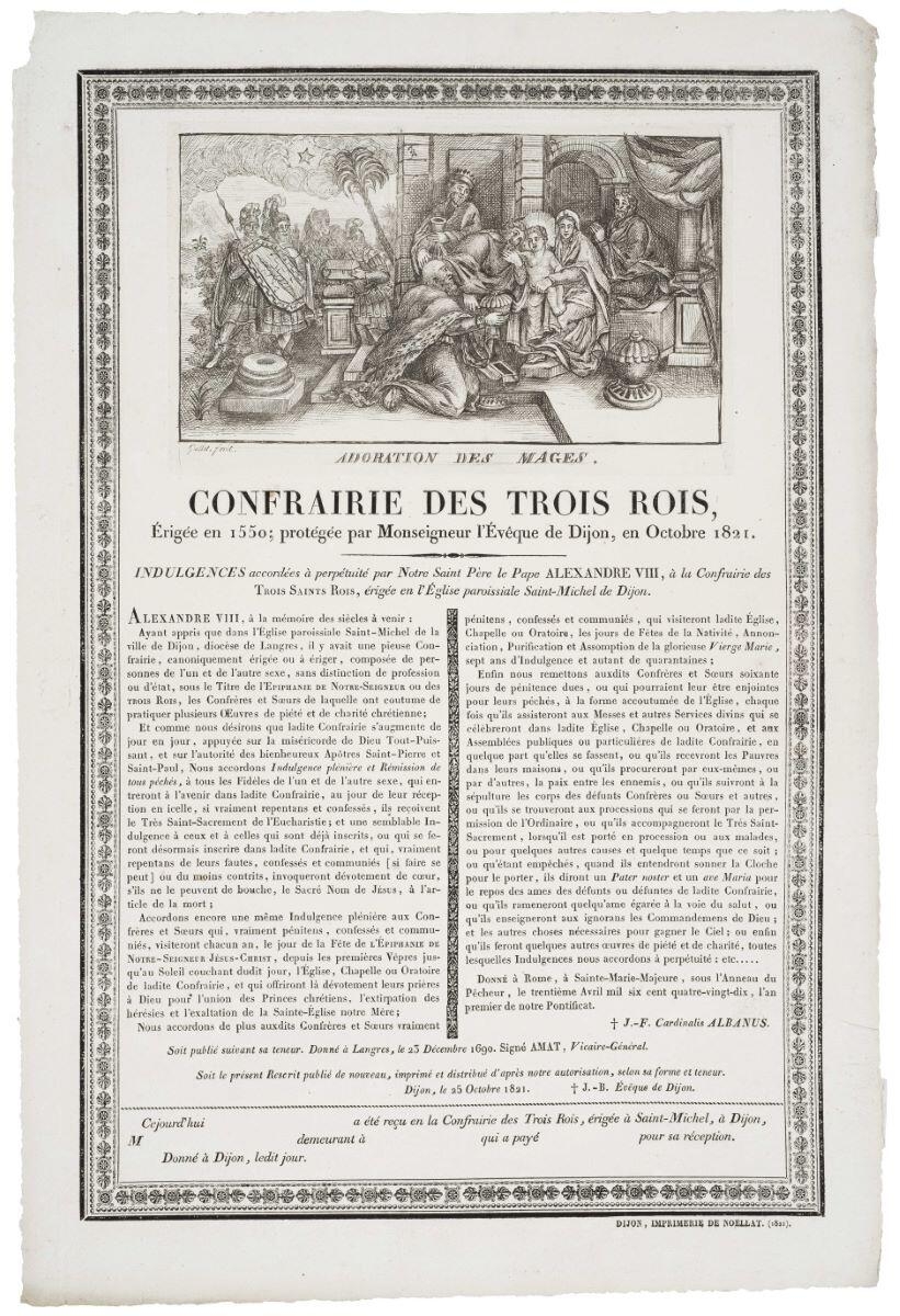ADORATION DES MAGES. / CONFRAIRIE DES TROIS ROIS, / Érigée en 1550 ; protégée par Monseigneur l'Évêque de Dijon, en Octobre 1821. (titre inscrit)_0