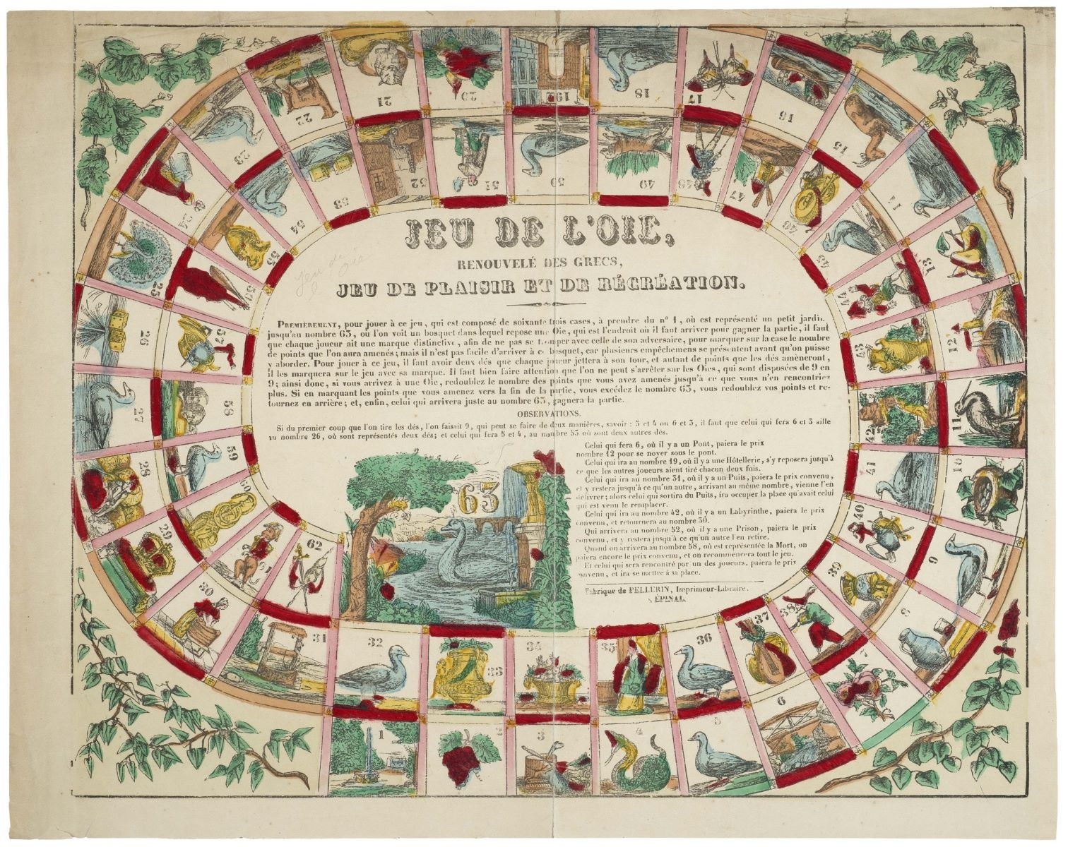JEU DE L'OIE, / RENOUVELLÉ DES GRECS, / JEU DE PLAISIR ET DE RÉCRÉATION. (titre inscrit), Pellerin, 1830-1858