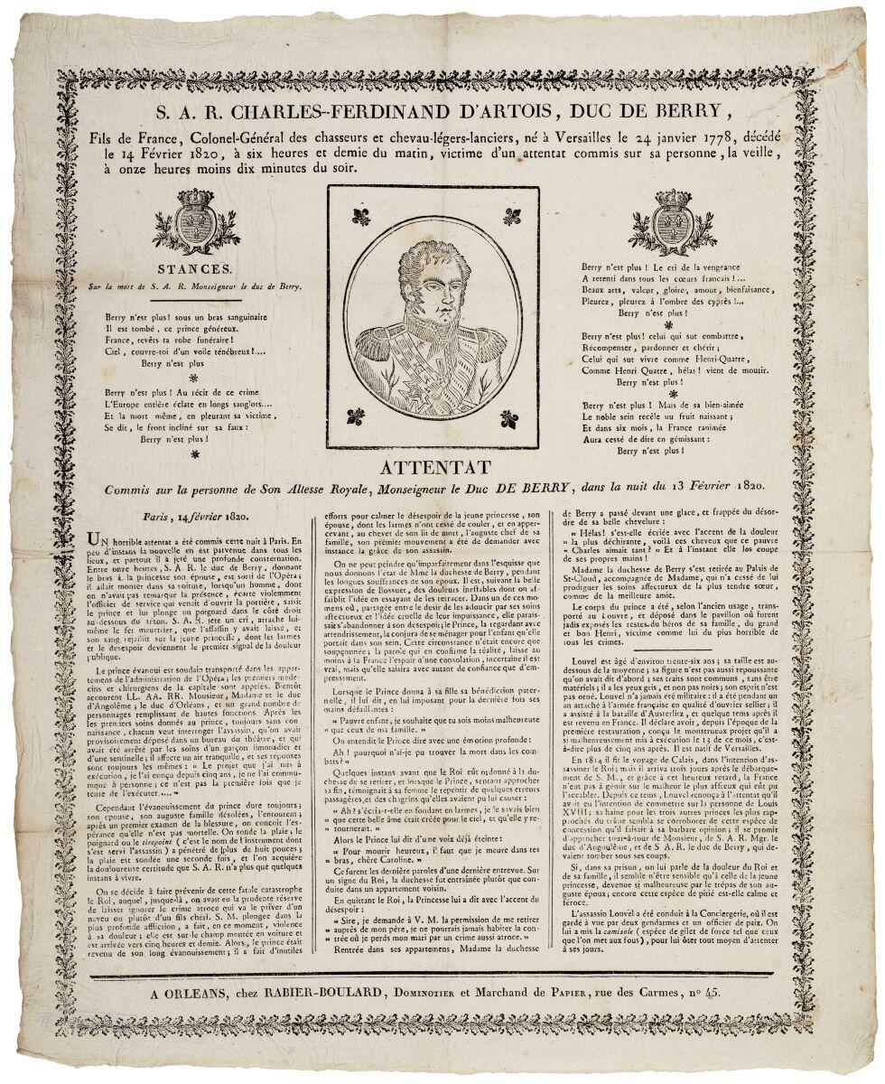 S. A. R. CHARLES--FERDINAND D’ARTOIS, DUC DE BERRY, / Fils de France, Colonel-Général des chasseurs et chevau-légers-lanciers, né à Versailles le 24 janvier 1778, décédé / le 14 février 1820 à six heures et demie du matin, victime d'un attentat commis sur sa personne, la veille, / à onze heures moins dix minutes du soir. (titre inscrit)_0