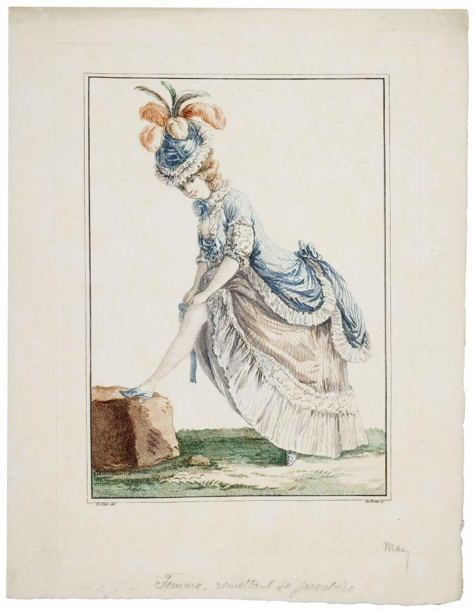 Femme en robe à la polonaise de tafetas remettant sa jarretière (titre factice), Pierre Thomas Le Clerc